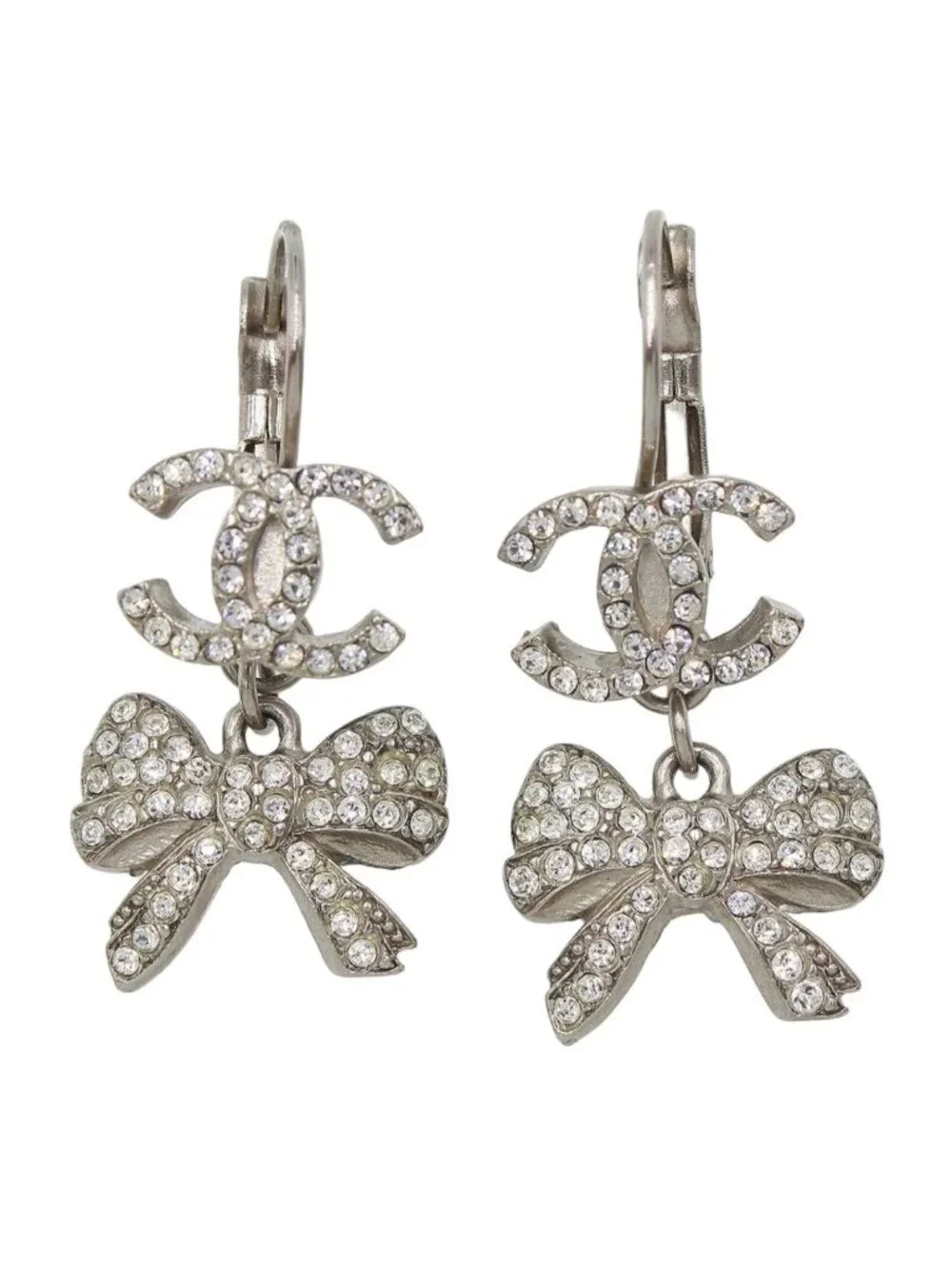 Chanel CC Logo Ribbon Rhinestone Swing Earrings